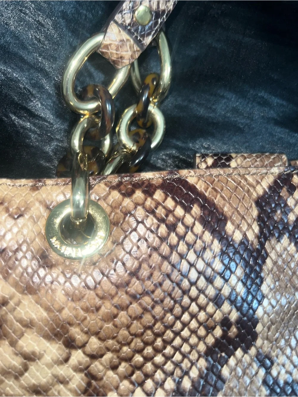 Michael Kors Brown Snake-Print Satchel with Gold Hardware